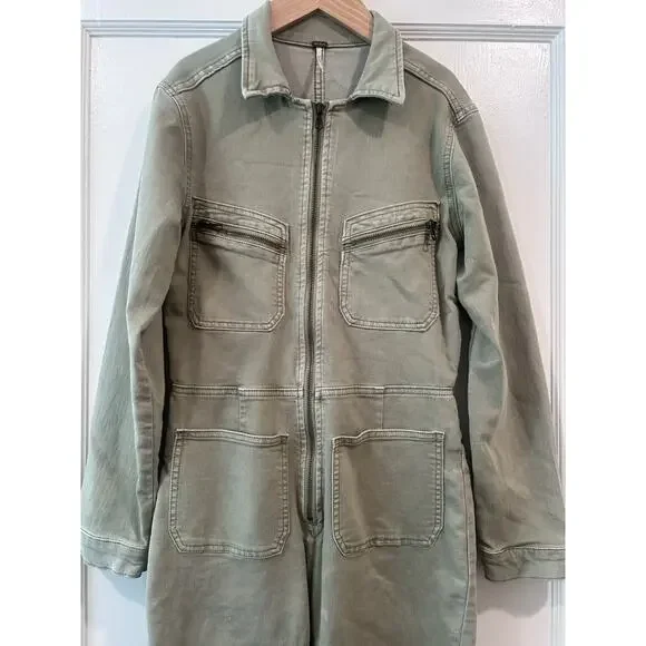 Free People Lennox Denim Utility Jumpsuit Army Green Size S - Picture 7 of 16